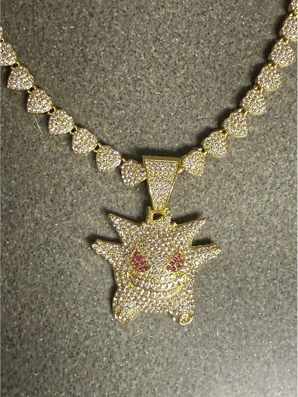 Pokemon Gengar Iced Out Pendant Hearts Gold Necklace Gold Tone CZ 20” Chain